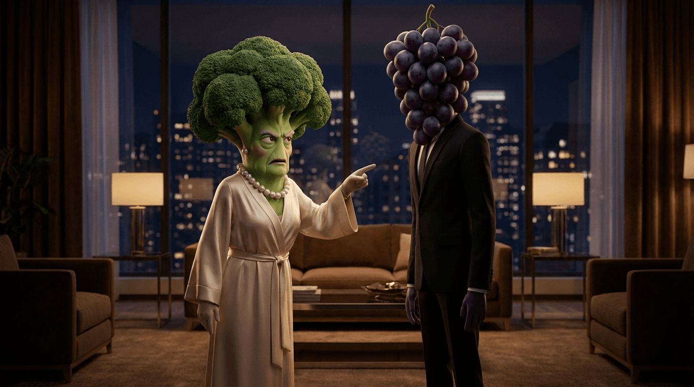 AI fruit drama broccoli and grape characters in a penthouse